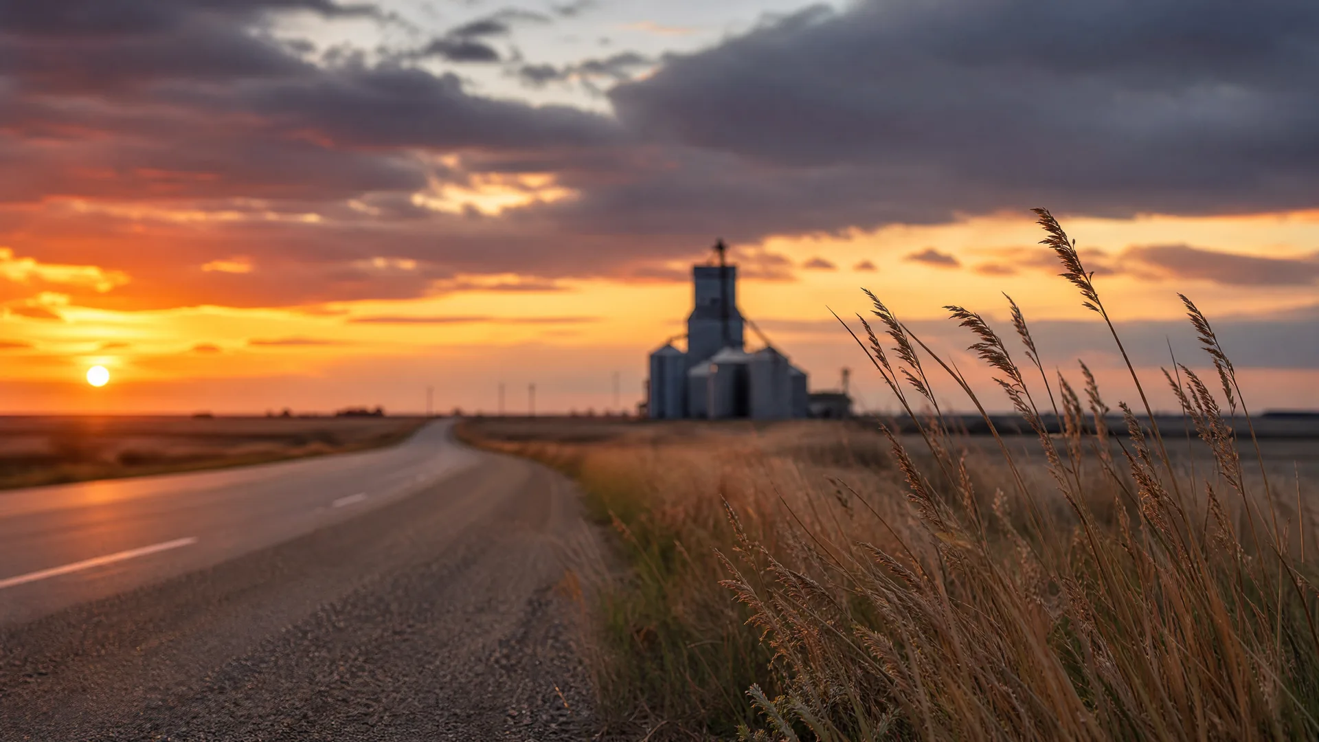 A two-lane paved road curves through flat open grassland at sunset, with dry grasses in the foreground and a grain elevator with storage bins silhouetted on the horizon under orange and gray clouds.